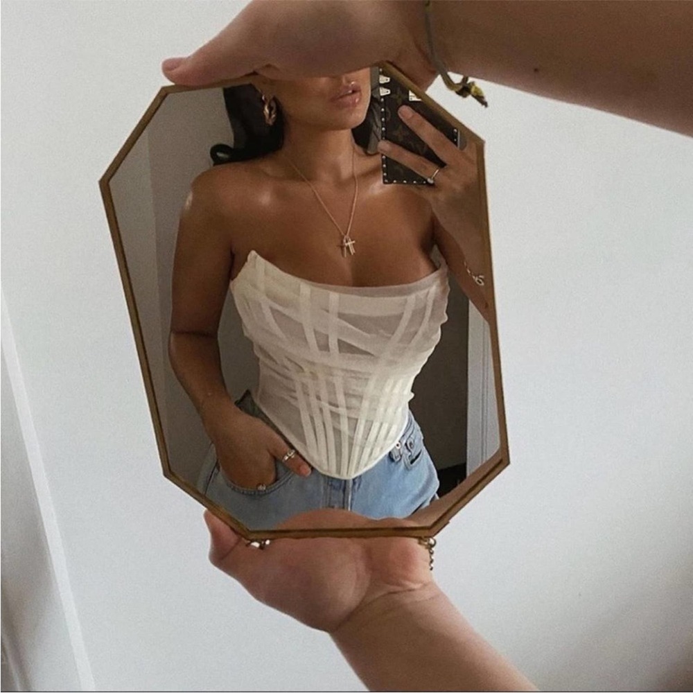 HOUSE OF CB Melinda Ivory White Mesh Corset Bustier Sexy Sheer Strapless Top